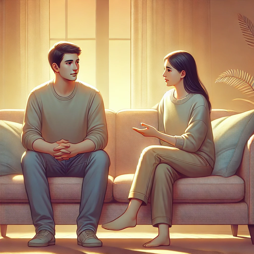 소파에 앉아 진지한 대화를 나누는 커플, '우린 얘기 좀 해야 할 것 같아'라는 말에 차분히 대응