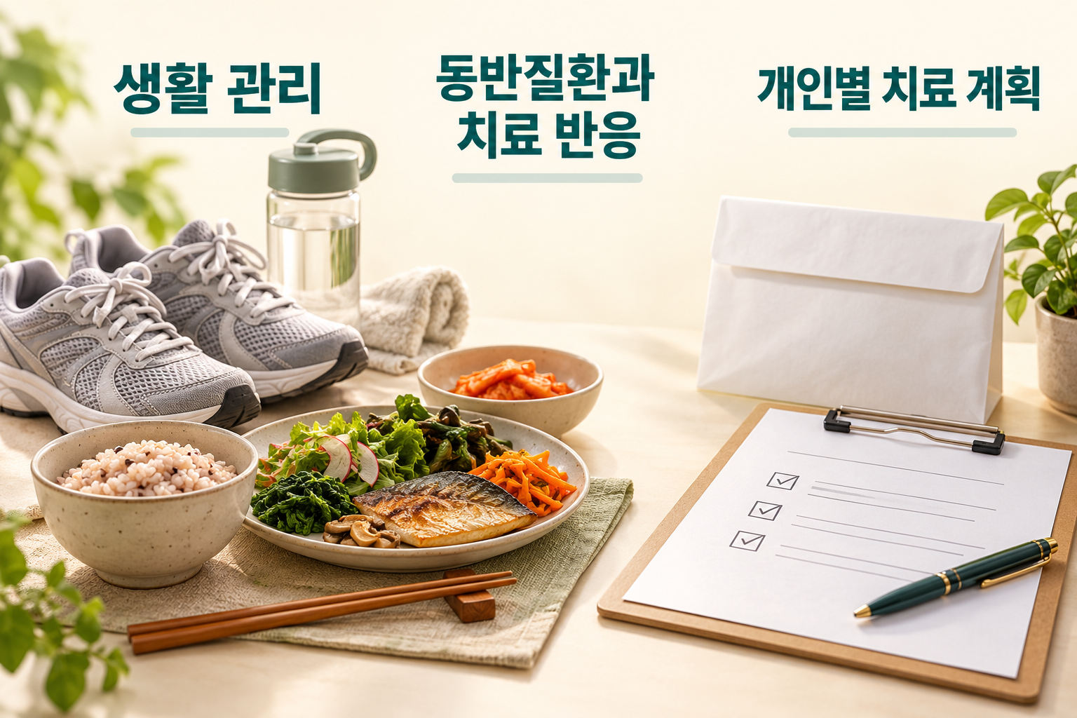 운동화와 식사, 약봉투와 치료 계획 메모를 배치한 구성
