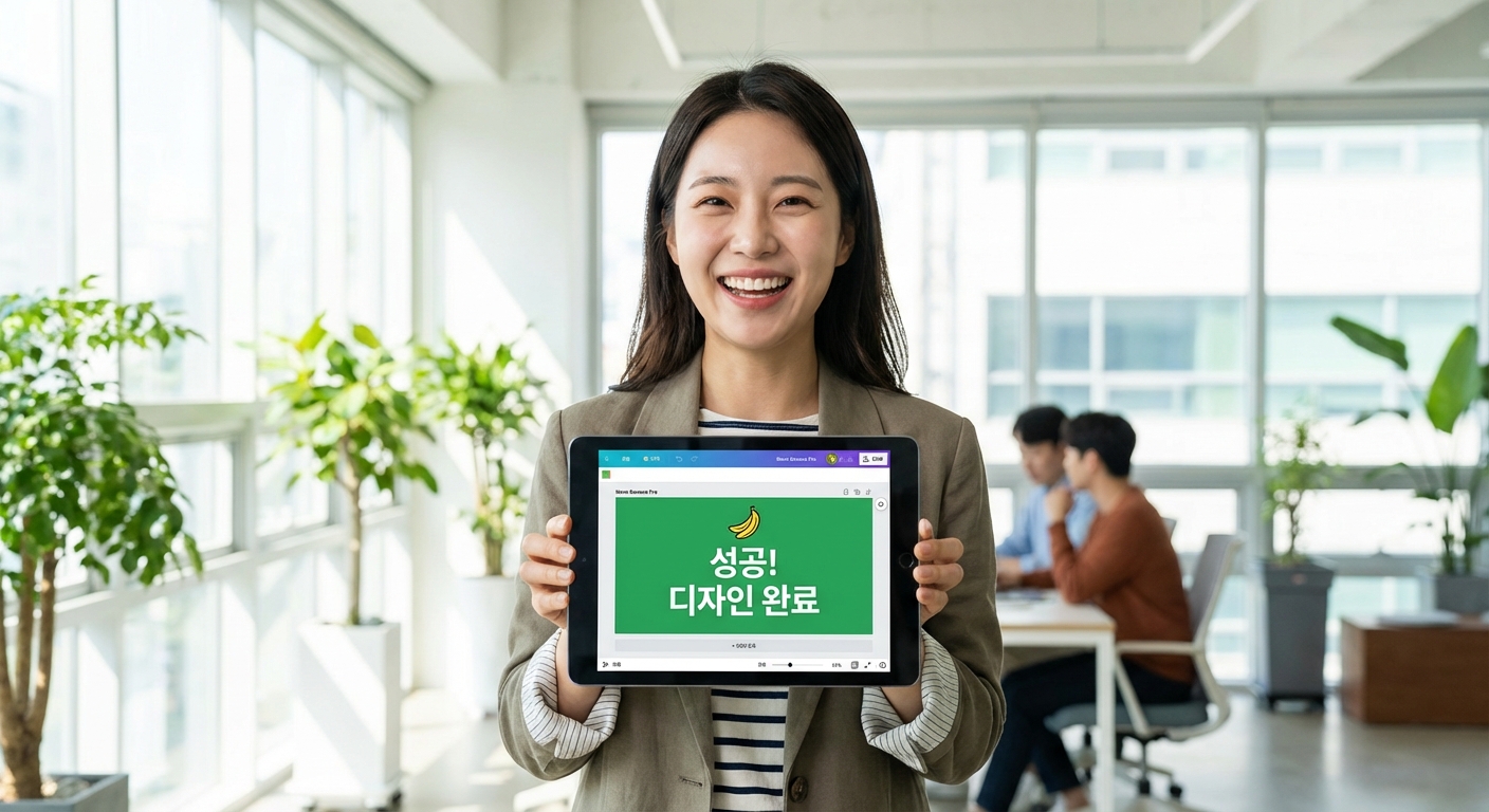 나노 바나나 프로를 활용하여 쉽고 빠르게 고퀄리티 디자인 작업을 완료하고 만족해하는 창작자의 모습