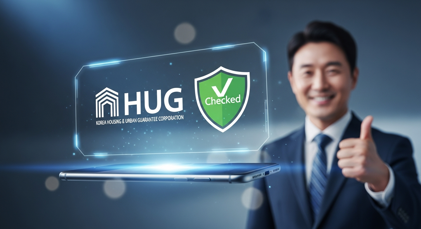 공중에 떠 있는 스마트폰이 홀로그램 화면에 HUG(주택도시보증공사) 로고와 '확인됨' 인증 방패 모양을 표시함. 배경에서 정장을 입은 젊어 보이는 중년 한국 남성이 엄지를 치켜세우고 있음. 하이테크 분위기, 부드러운 보케.