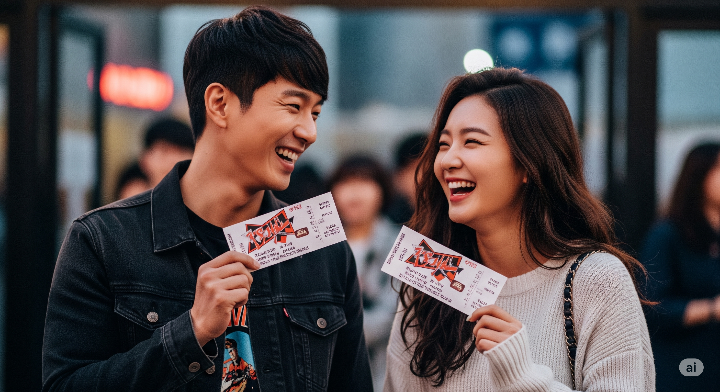 공연 티켓을 손에 들고 웃고 있는 커플