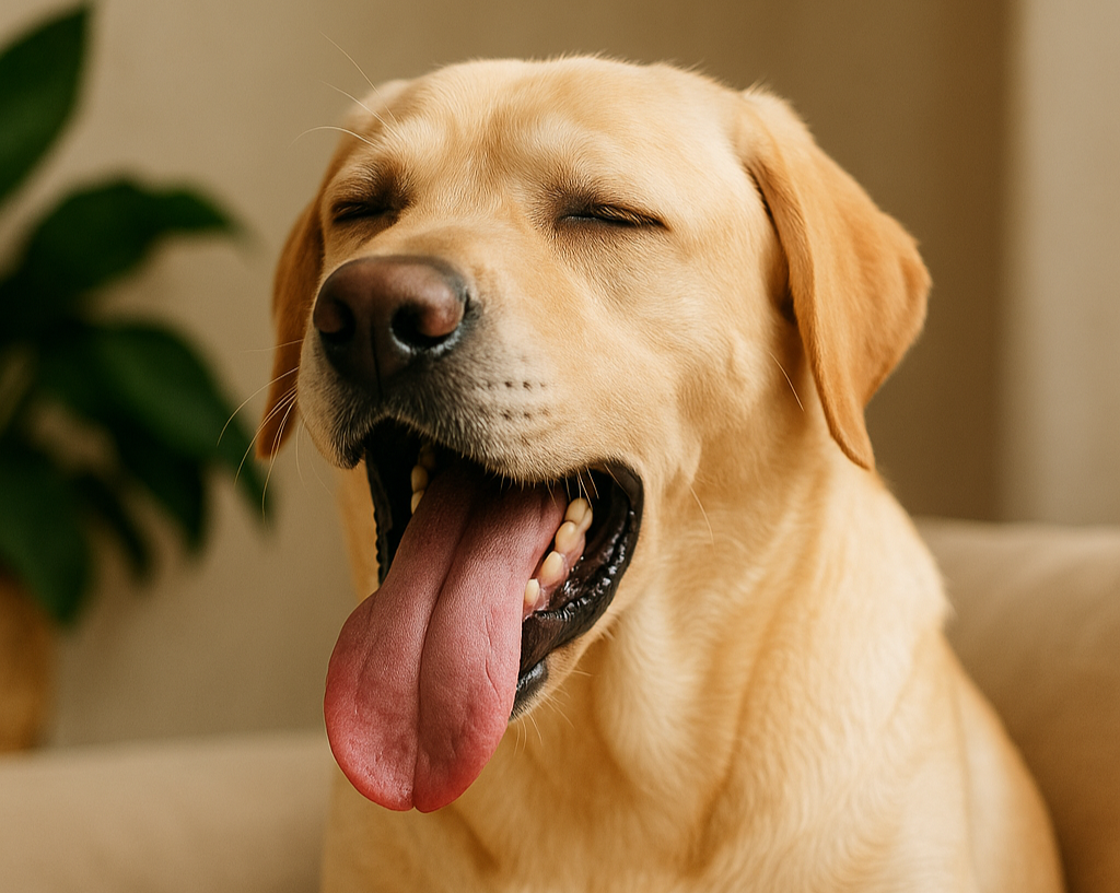 리트리버 성견이 혀를 내밀고 더워하고 있음