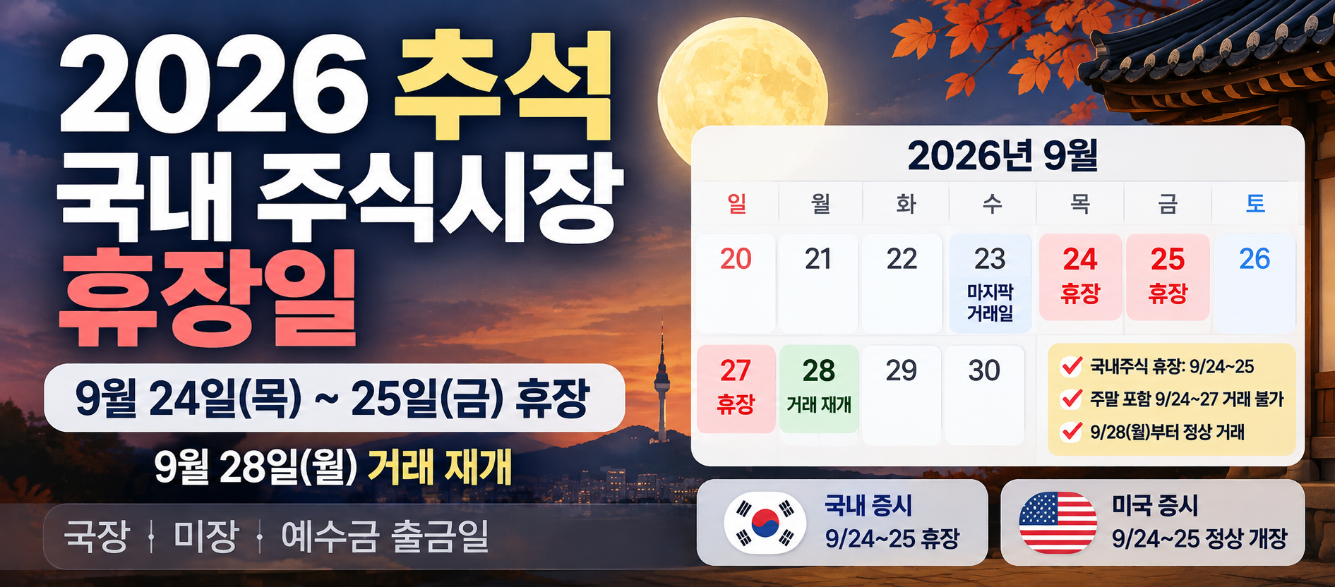 2026 추석 국내 주식시장 휴장일 9월 24일 25일 휴장 28일 거래 재개
