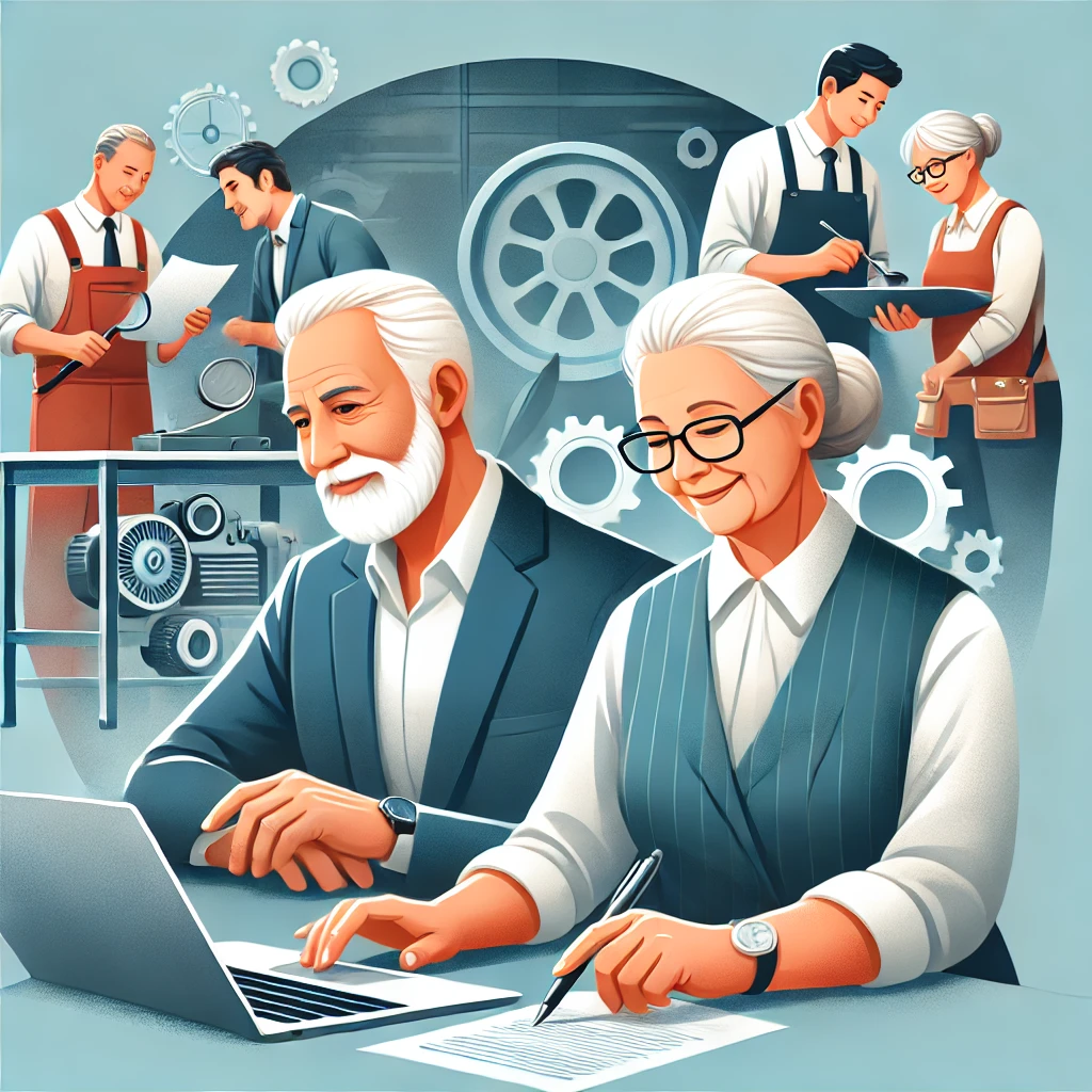 정장을 입은 노년 남성과 여성이 사무실에서 노트북을 사용하며 문서를 검토하고 있으며, 배경에는 공방에서 도구를 다루는 또 다른 노인이 보입니다.