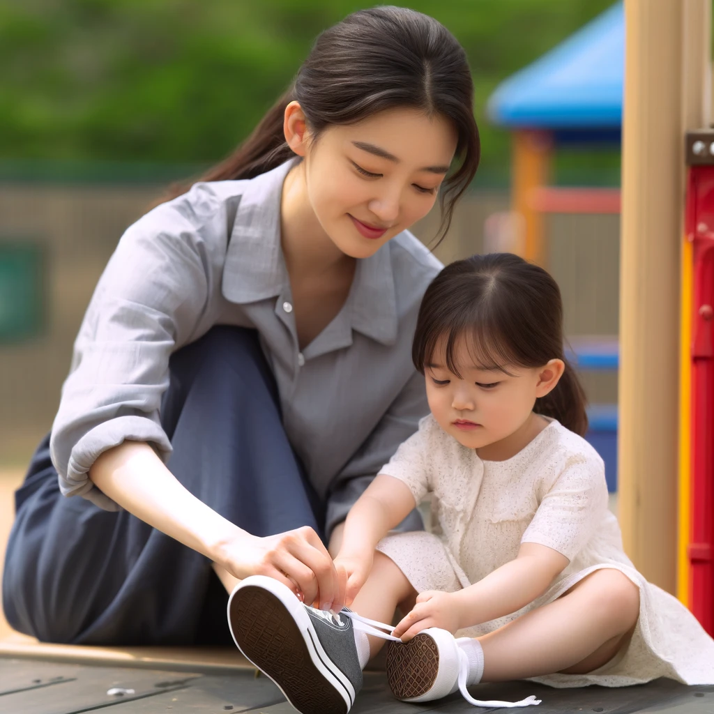 놀이터에서 딸의 신발 끈을 묶으며 다독이는 어머니