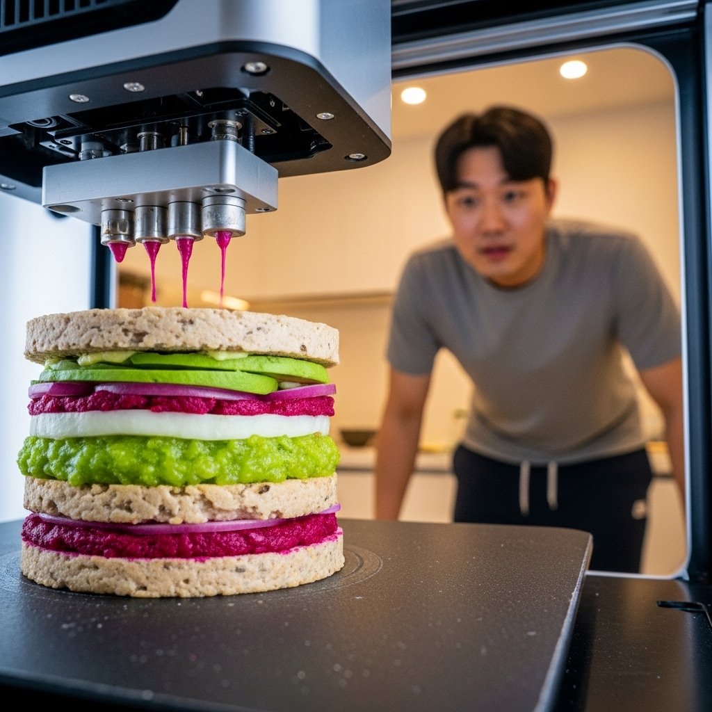 a high-tech 3D food printer building a layered vegan burger using precision nozzles