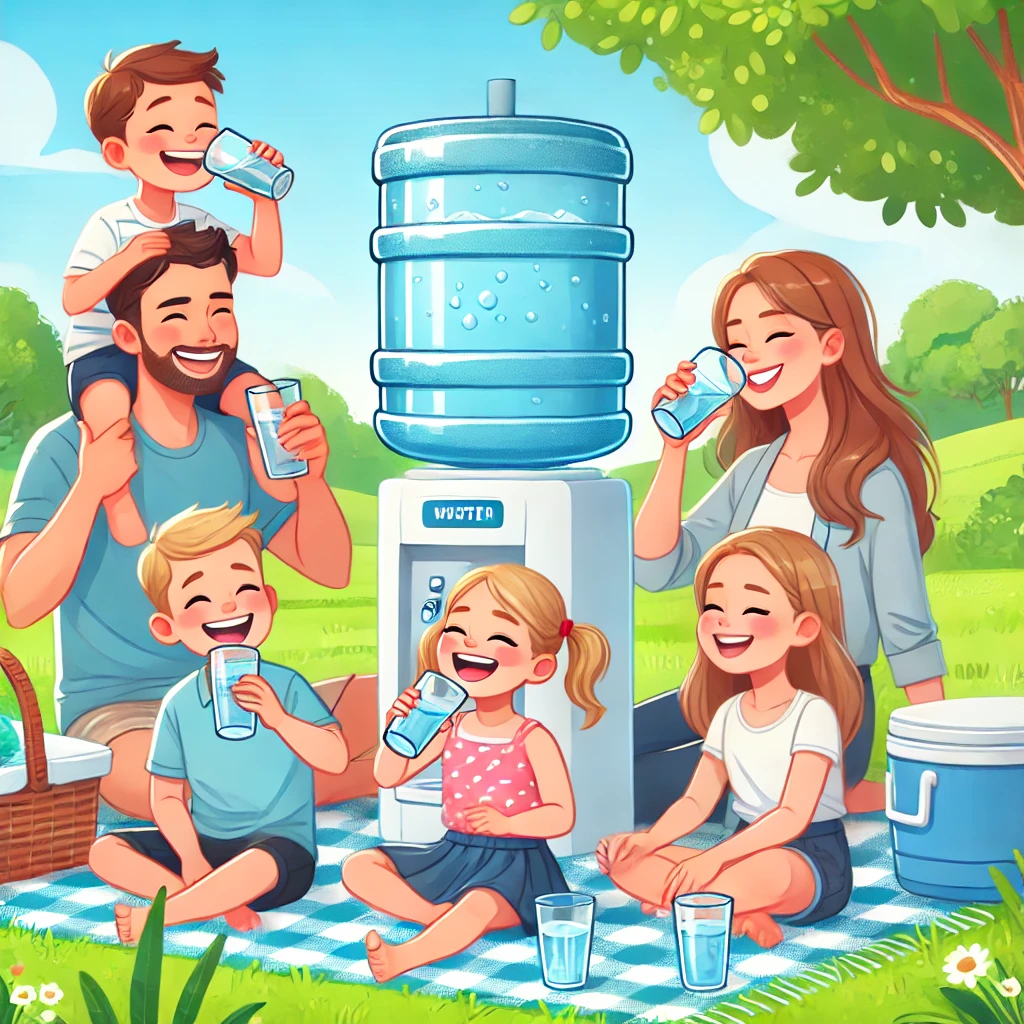 공원에서 피크닉을 즐기며 큰 물통과 물컵으로 수분을 섭취하는 가족의 모습. 아이들은 웃고 물을 마시며 부모는 편안하고 수분을 유지하는 행복한 장면. 푸른 하늘과 잔디가 어우러진 밝고 쾌활한 분위기