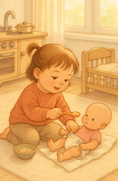 인형과 함께 육아 놀이를 하는 2세 아이의 역할놀이 장면