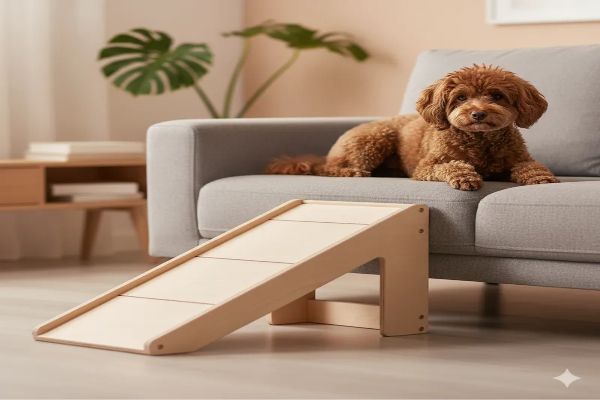 갈색 푸들(노령견)은 경사로를 이용해 소파 위로 쉽게 올라와 편안한 자세로 소파에 기대어 쉬고 있다