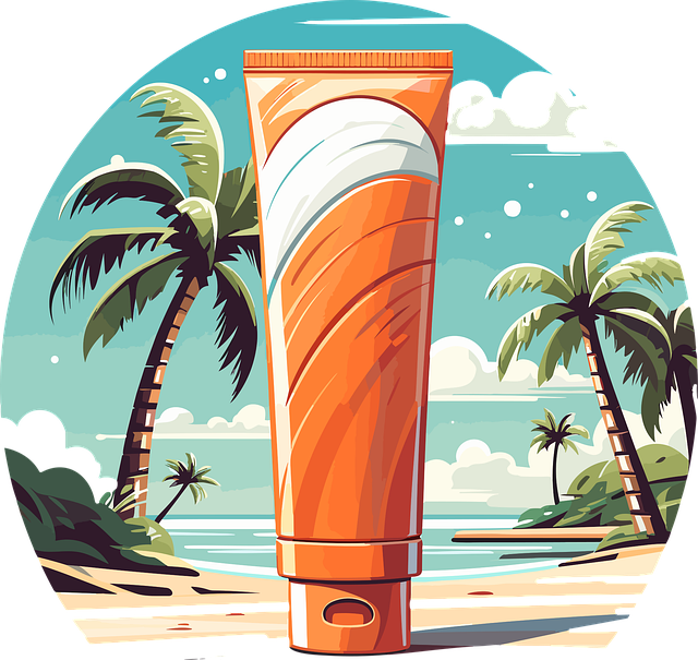 여름에 야자수나무 앞에 썬크림을 세워놓은 그림