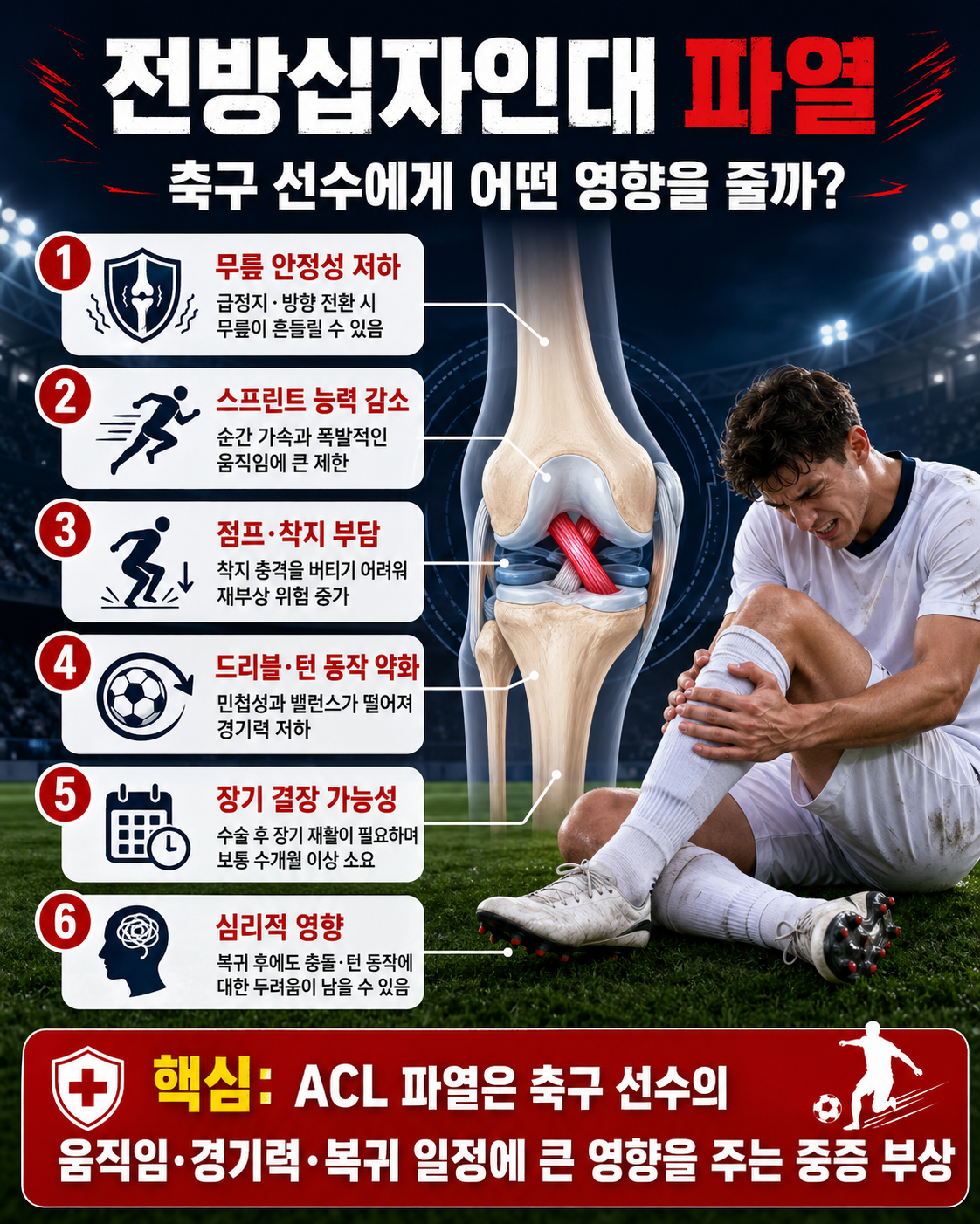 전방십자인대 파열이 축구 선수에게 미치는 영향 설명