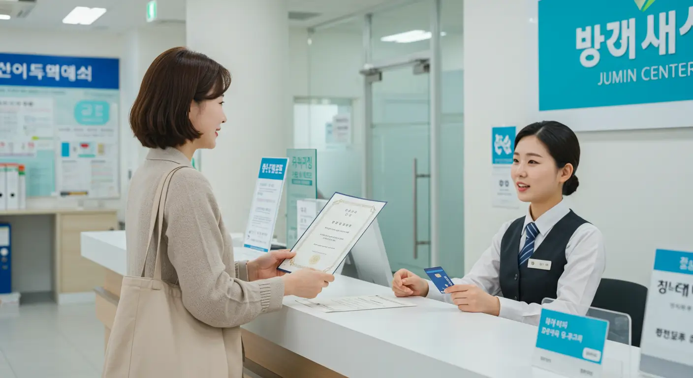 한 부모가 주민센터에서 자녀의 민생회복 소비쿠폰을 위임장 없이 간편하게 대리 신청하는 모습