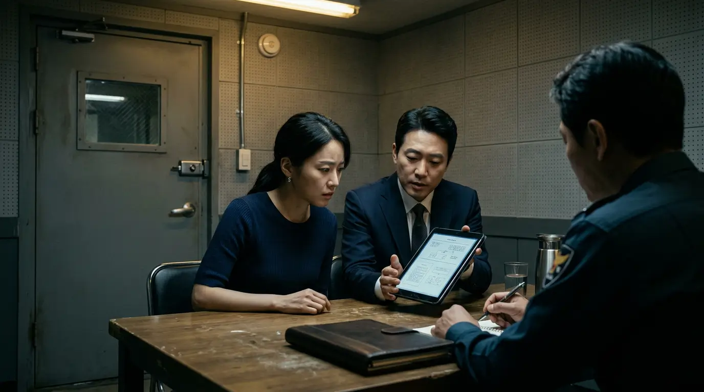 경찰서 진술 녹화실 내부에서 긴장한 30대 여성이 변호사와 나란히 앉아 법률 자문 태블릿을 확인하며 수사관의 질문에 대비하는 현실적인 풍경