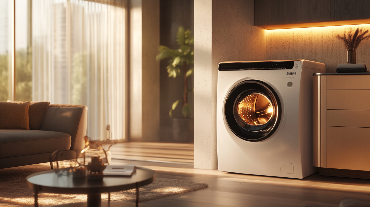 삼성 AI 세탁기의 최신 기술과 사용자 친화적 디자인을 강조하며, 똑똑하게 세탁하는 모습을 보여주는 장면. 최첨단 기능과 실용성을 갖춘 세탁기, 밝고 따뜻한 조명이 비치는 현대적 가정 환경.