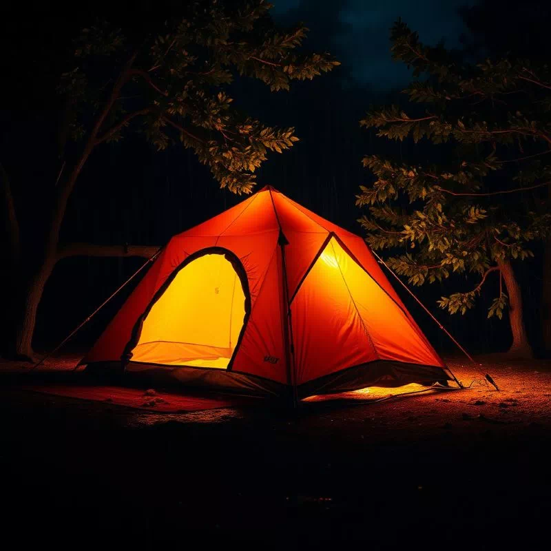 "비 오는 밤 캠핑장에서, 텐트 내부의 따뜻한 불빛이 새어 나오고 있으며, 팽팽한 스트링으로 안전하게 고정되어 악천후 돌발 상황에 대비한 모습."