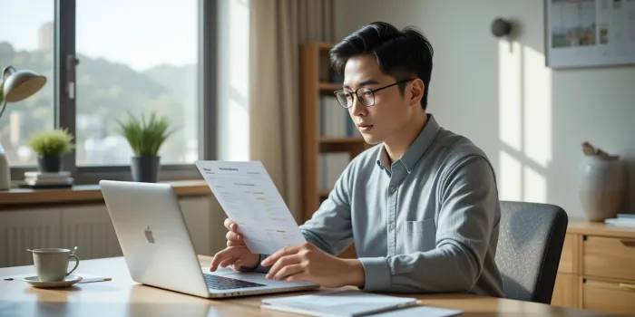 노트북으로 등기부등본 열람 절차를 확인하며 서류를 정리하는 모습