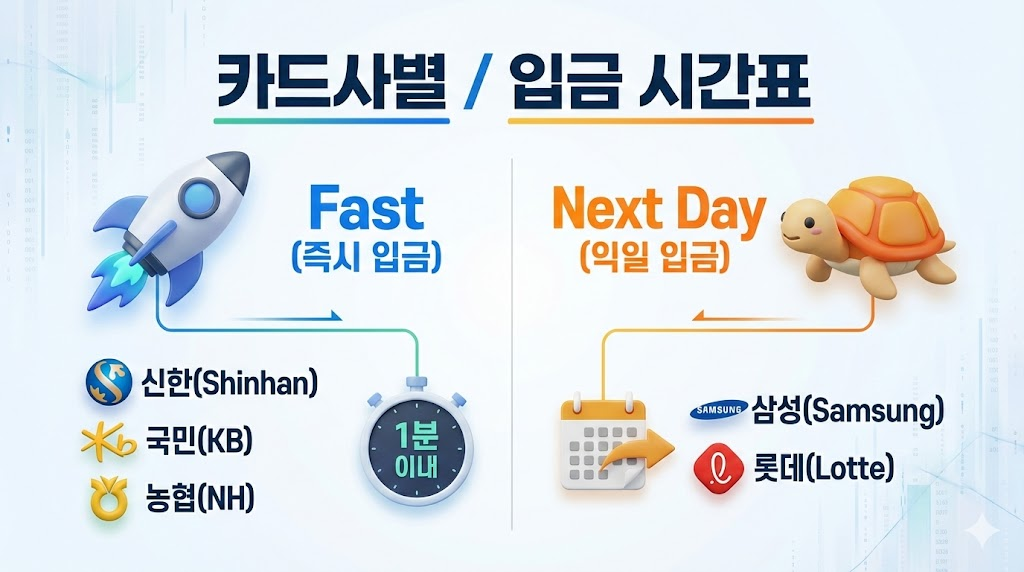 카드사별 포인트 현금 입금 소요 시간(즉시 vs 익일) 비교 인포그래픽