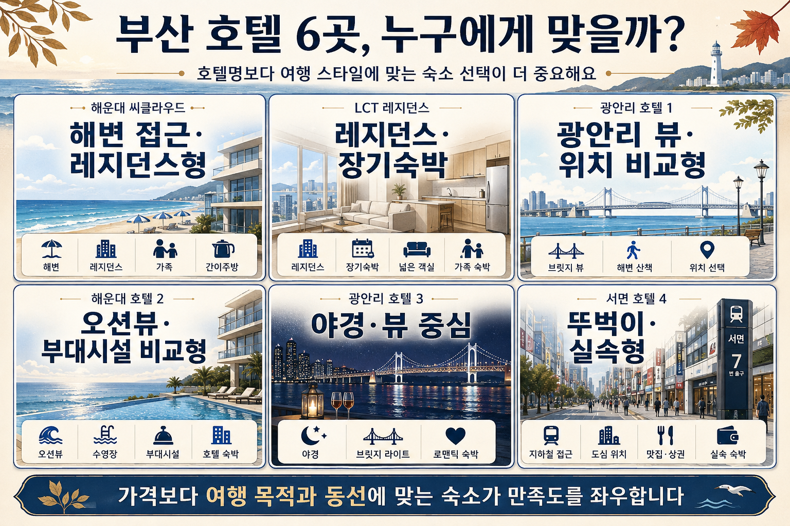 부산 늦캉스 가성비 호텔 6곳을 해운대 광안리 서면 여행 유형별로 비교한 이미지