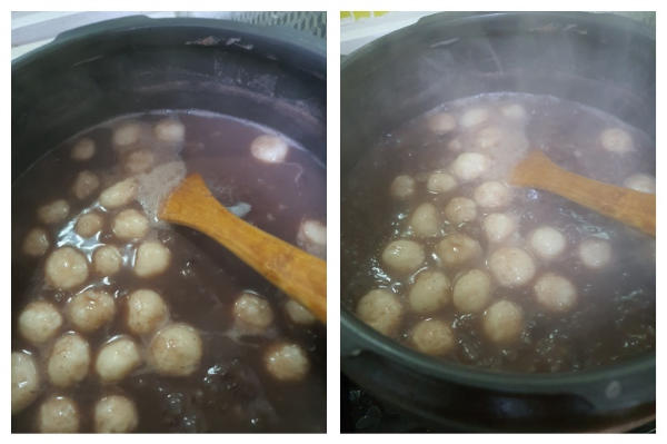 찹쌀 새알심이 익어 떠오르면 팥죽 완성