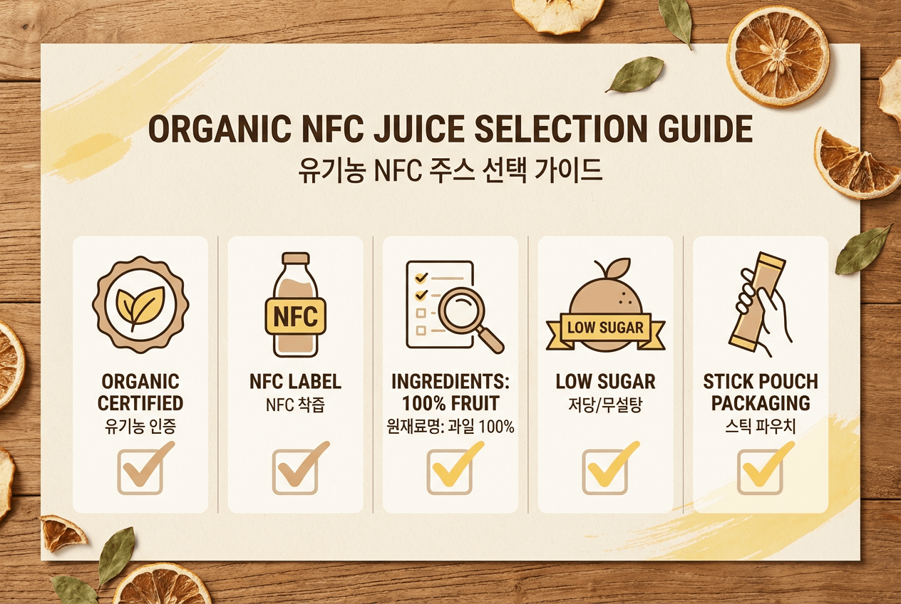 유기농 인증 마크, NFC 문구, 원재료명 표기 등을 체크하는 손을 표현한 유기농 착즙 음료 선택 가이드 인포그래픽 이미지