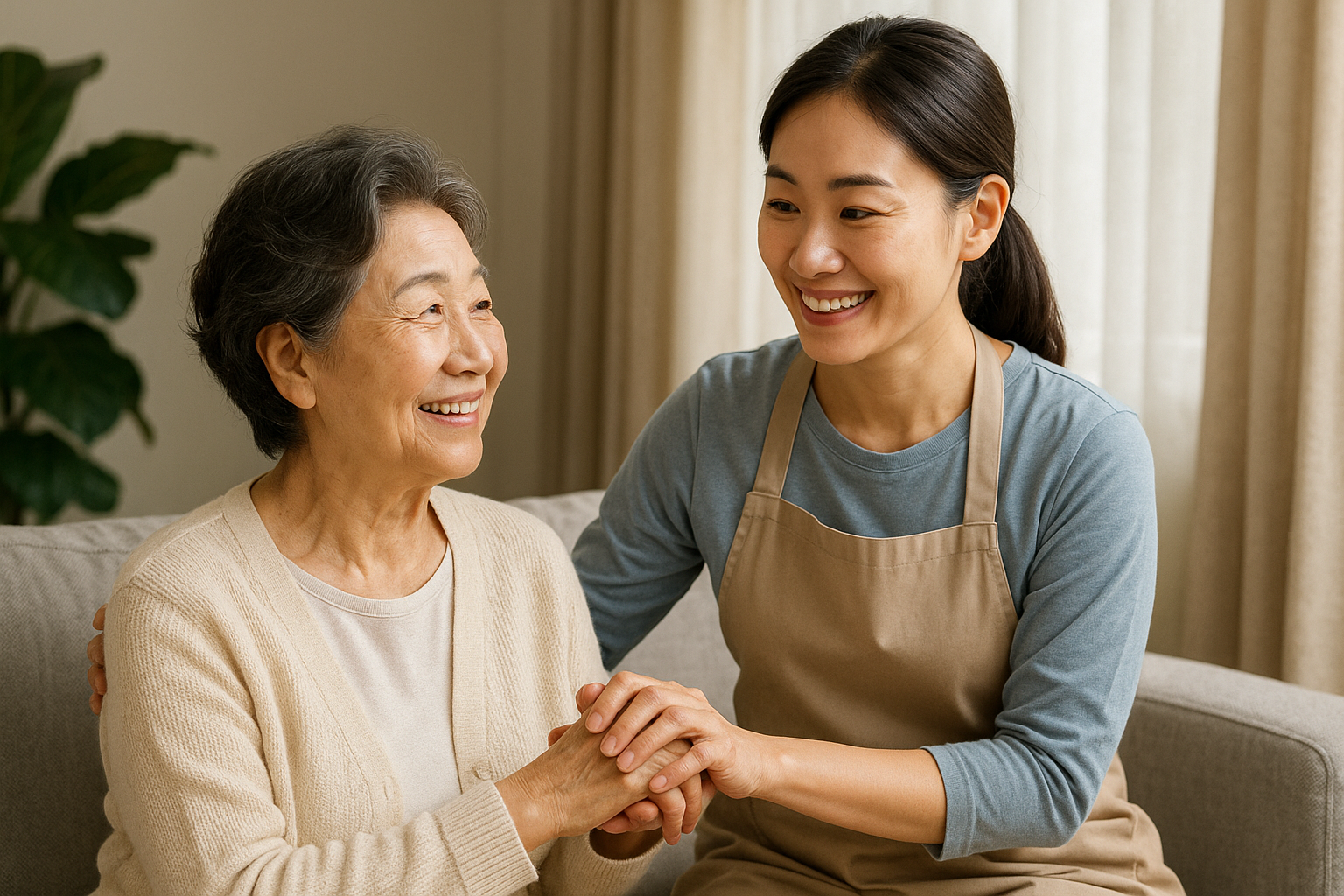 생활 지원사가 여성 노인을 돌봐주는 모습