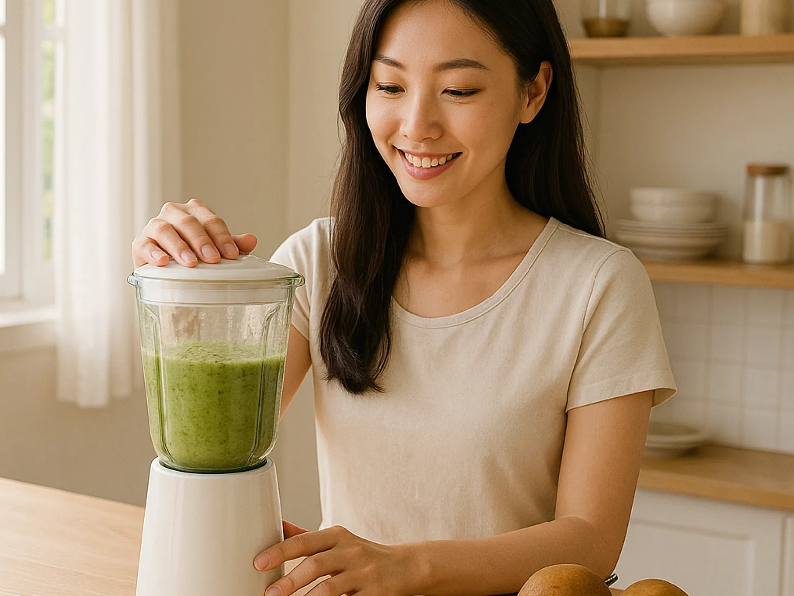 밝은 주방에서 동양인 여성이 사포딜라와 함께 스무디를 만드는 모습