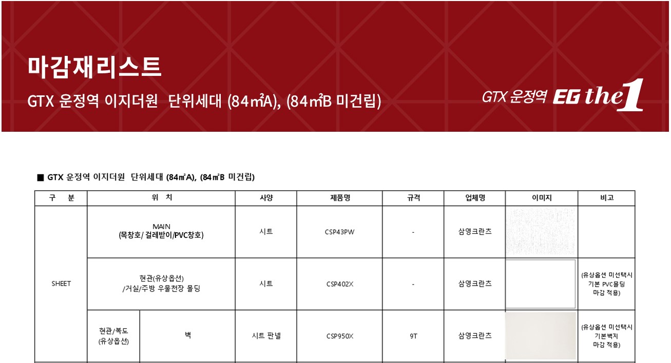 파주 운정3 이지더원 마감재리스트 84A