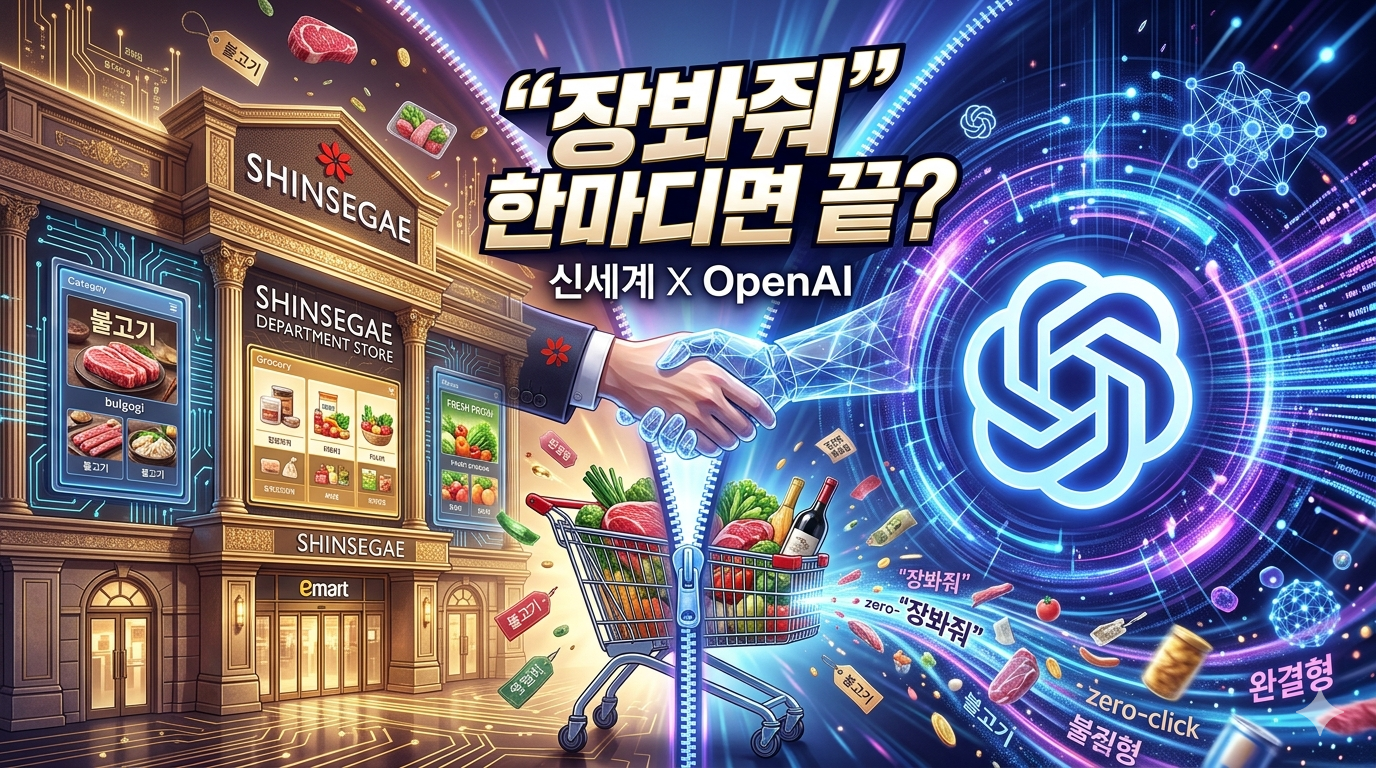 "장봐줘" 한마디면 끝? 이라는 제목의 썸네일로, 신세계와 오픈AI의 만남을 상징적으로 보여줍니다. 왼쪽에는 신세계백화점 건물과 '불고기' 등의 식료품이 진열된 쇼핑 카트가, 오른쪽에는 파란색 빛으로 빛나는 거대한 오픈AI 로고가 있습니다. 이 둘의 악수가 AI를 통해 주문된 식료품들이 카트에 담기는 모습을 형상화합니다.