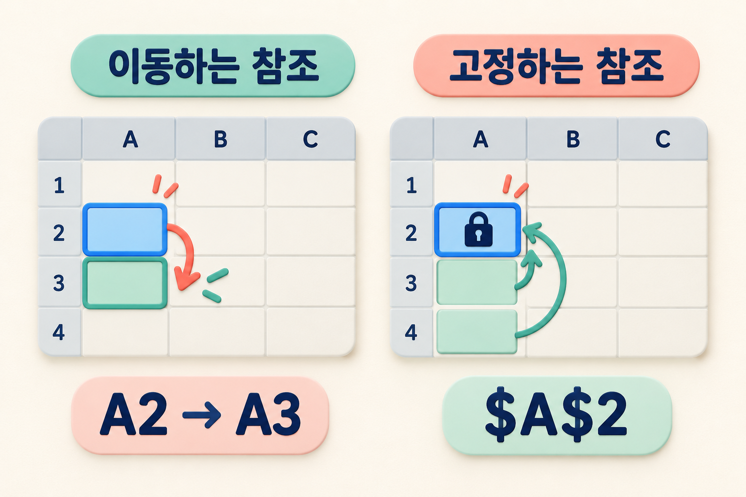 아래로 복사하면 바뀌는 A2 참조와 같은 셀을 유지하는 절대 참조를 비교한 그림