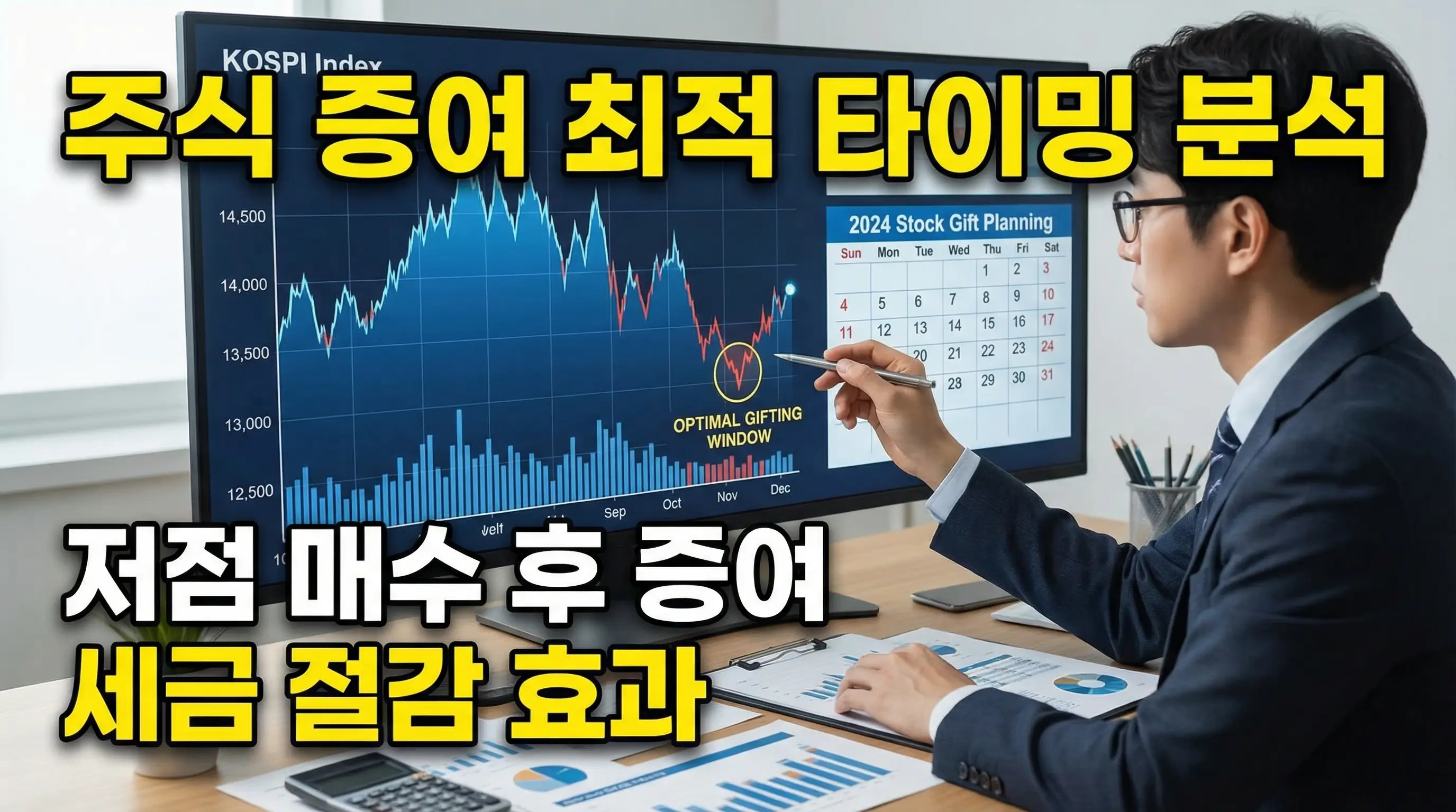 주가 변동 그래프와 달력을 보며 주식 증여의 최적 타이밍을 분석하는 인포그래픽