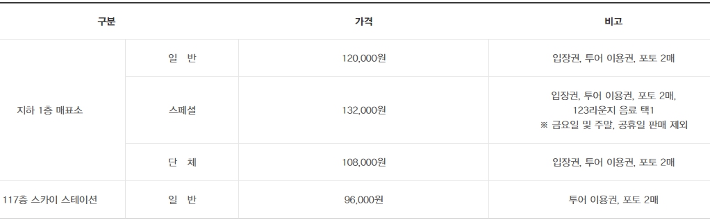 스카이브릿지-가격표