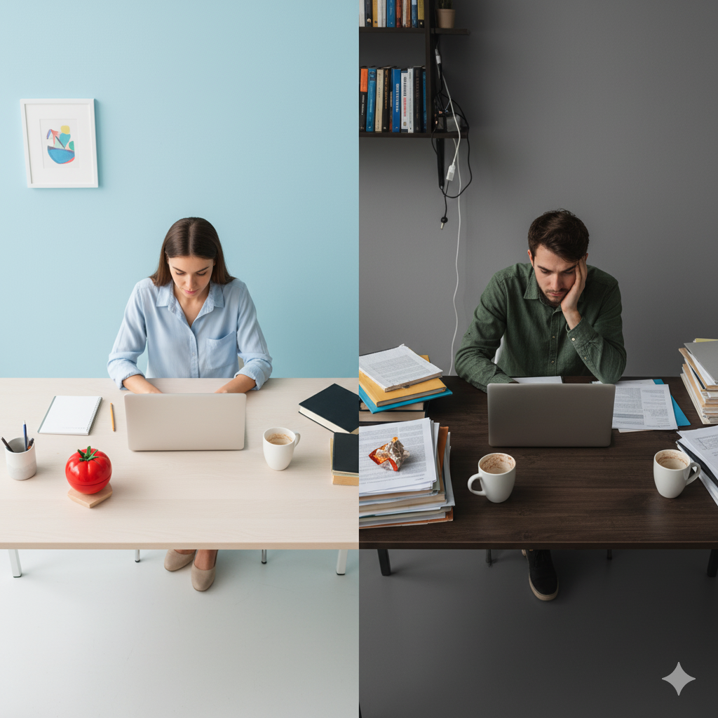 탑뷰 와이드 샷으로 본, 깔끔하게 정돈된 여성의 책상과 약간 어수선한 남성의 책상이 대조를 이루는 모습.