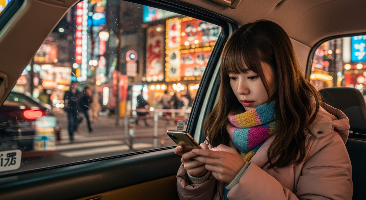 "일본 택시 호출 &ndash; 스마트폰으로 택시 앱을 사용하는 한국인 여성"