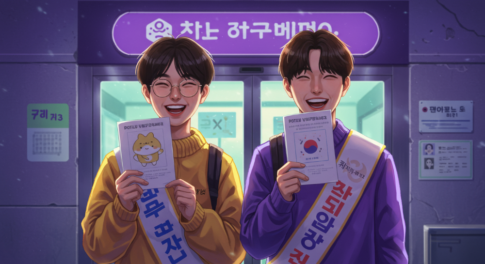 MZ세대 남녀가 개성 있는 투표 인증 용지를 들고 투표소 앞에서 밝게 웃는 모습