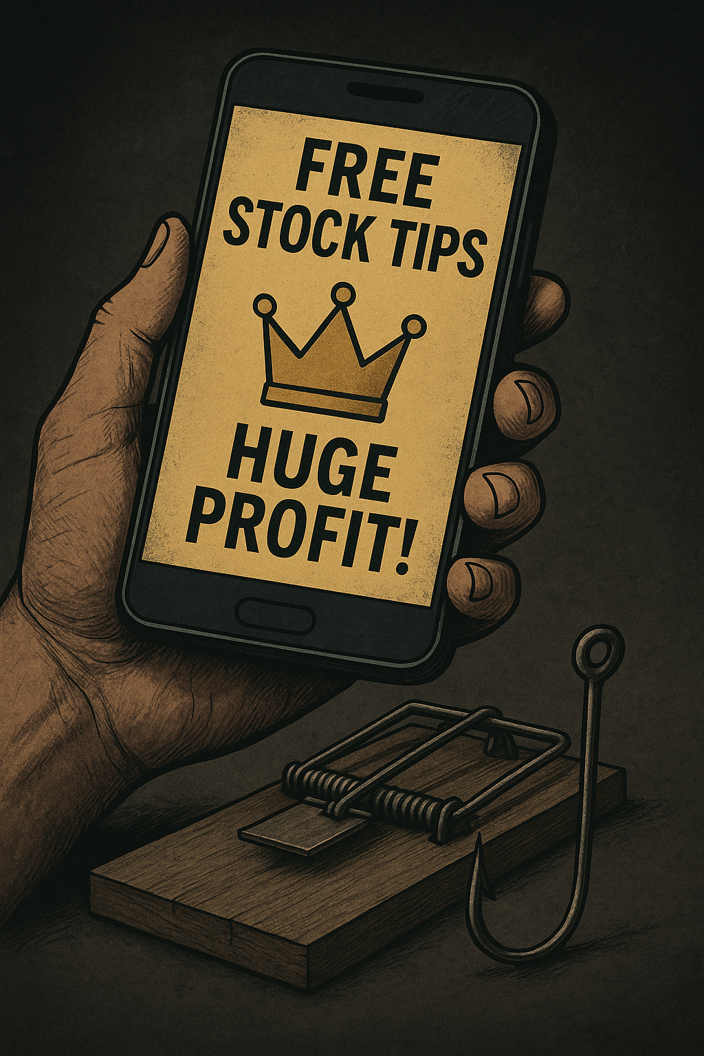 스마트폰 화면에 &lsquo;FREE STOCK TIPS&rsquo;와 &lsquo;HUGE PROFIT!&rsquo;이라는 문구가 표시된 메시지를 들고 있는 손을 묘사한 일러스트. 휴대폰 아래에는 덫과 낚시 바늘이 배치되어 있으며, 투자 사기 위험을 상징하는 경고적 분위기의 그림.