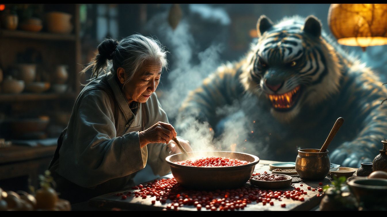 팥죽 할멈과 호랑이 전래동화 속 장면을 묘사한 일러스트 이미지