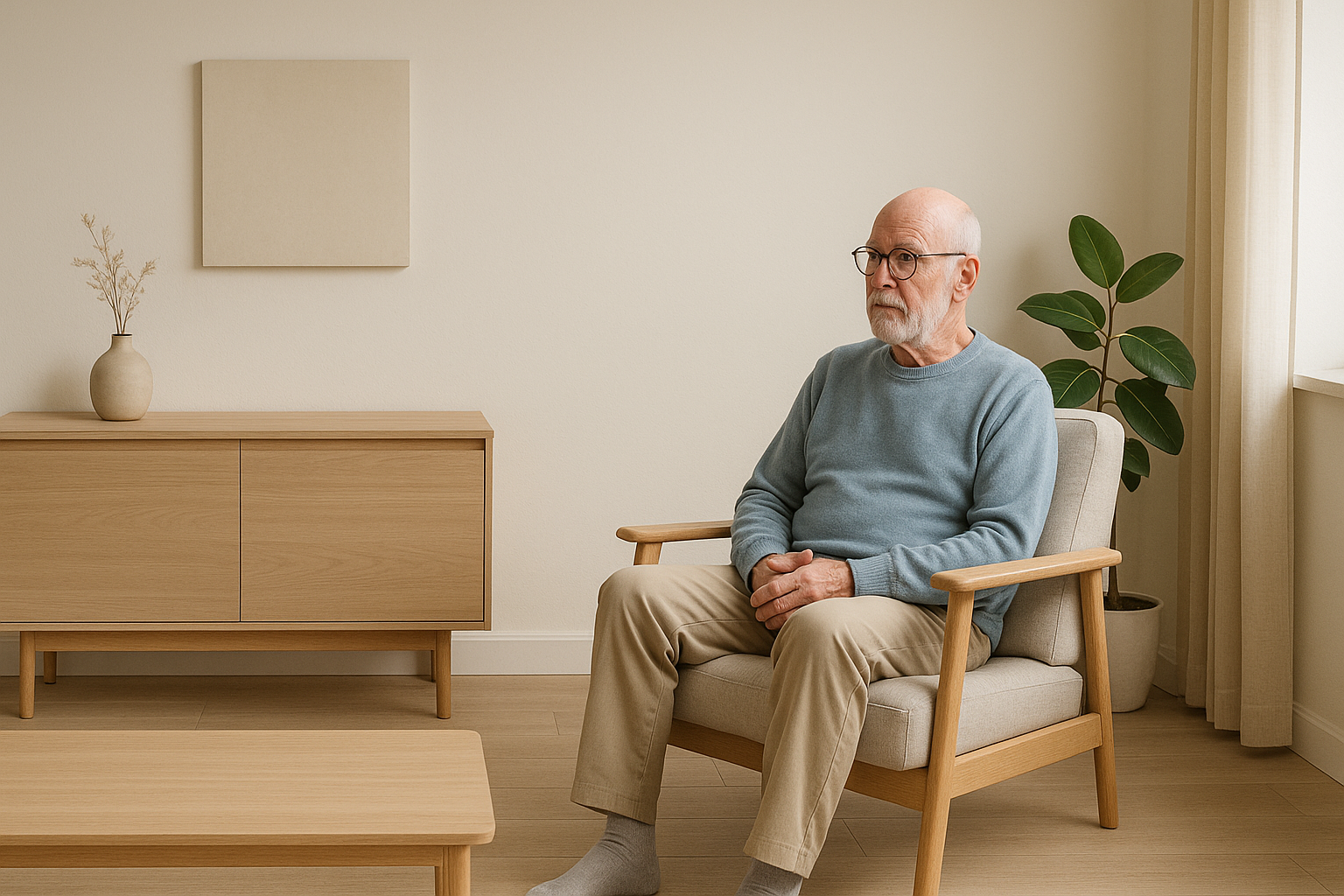 깔끔한 거실 분위기에 편안한 소파에 앉아 있는 남성 시니어
