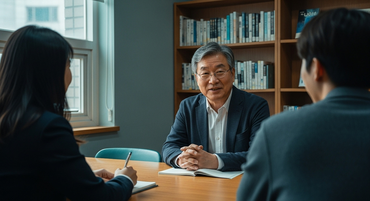 서울의 작은 도서관에서 시니어 멘토가 대학생 두 명과 이력서와 진로를 상담하는 장면, 따뜻한 오후 햇살