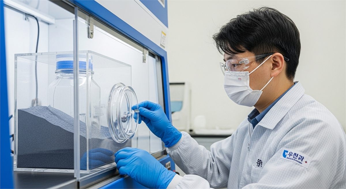 황화물계 고체전해질 샘플을 검사하는 연구 장면 