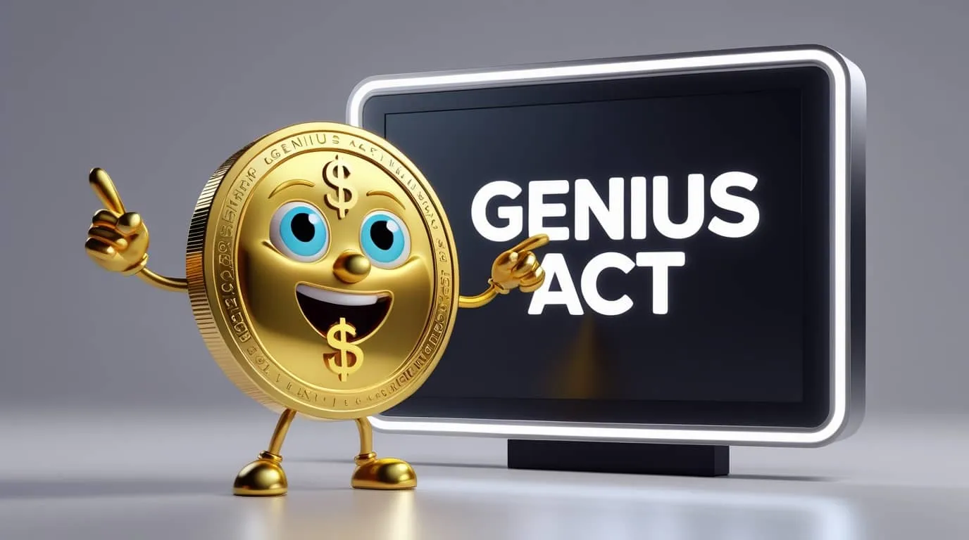 &ldquo;GENIUS ACT&rdquo;라는 문구가 포함된 웹배너 이미지. 이 이미지는 미국 스테이블코인 규제법 지니어스액트 발효를 상징적으로 표현하며, 블로그의 스테이블코인 법안 및 규제 변화 주제와 관련된 내용을 설명함 (GENIUS Act, stablecoin regulation, US law).