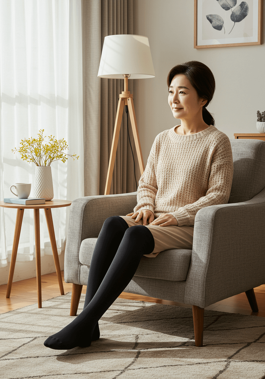 하지정맥류 관리법으로 압박 스타킹을 착용하고 있는 중년 여성
