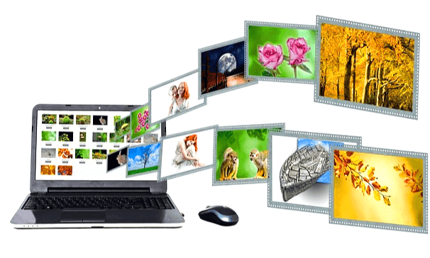 노트북에 여러 영상사진들이 배열됐다. 그 노트북에서 영상들이 화면 밖으로 튀어나온다. 사람, 나무들, 꽃, 새들 사진이다.