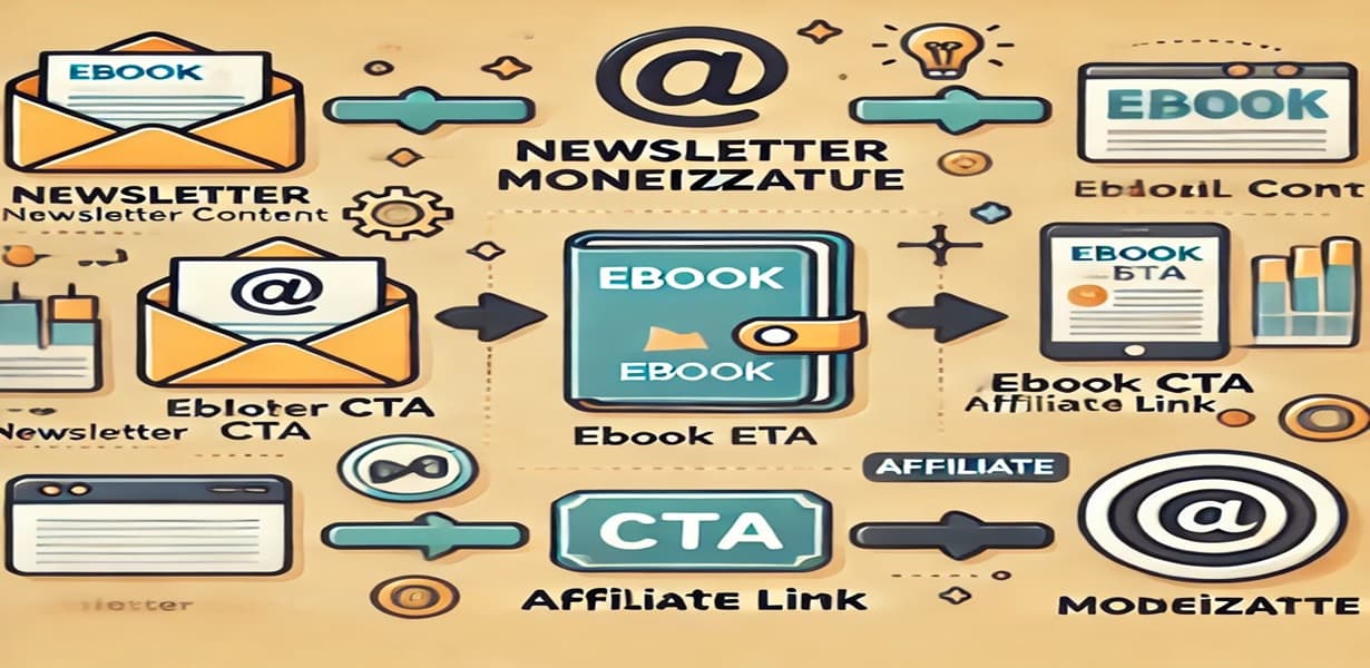 뉴스레터 콘텐츠에서 전자책 CTA와 제휴 마케팅을 통해 수익화로 연결되는 흐름 인포그래픽