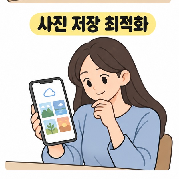 사진 저장 최적화 제목 아래 구름 표시와 사진 썸네일이 있는 스마트폰 화면을 살펴보는 여성