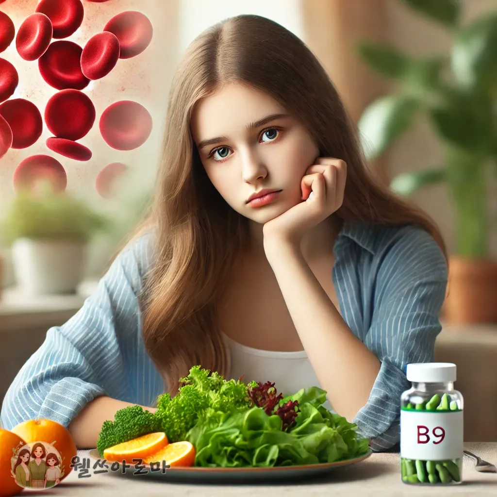 B9표시가된약병-채소와식탁에앉은소녀