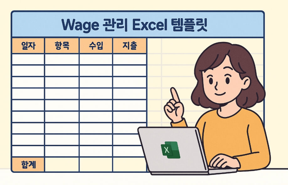 엑셀로 수입과 지출을 관리하는 여성과 월급 관리 템플릿 화면