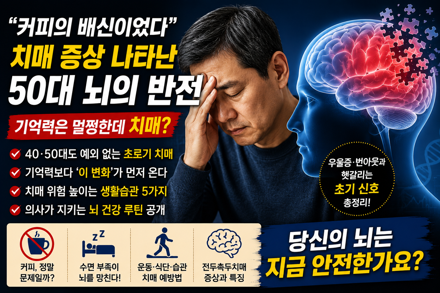 40대와 50대가 놓치기 쉬운 초로기 치매 초기 증상과 커피, 수면, 생활습관의 관계를 설명하는 뇌 건강 정보형 썸네일 이미지