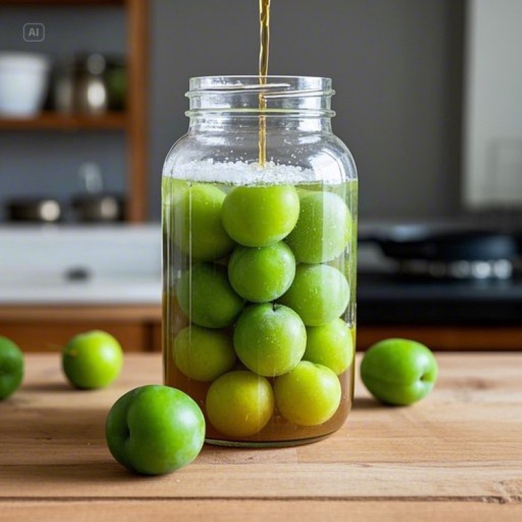 투명한 대형 유리병에 층층이 쌓인 초록색 매실과 하얀 설탕이 아름답게 배치된 모습. 매실청이 황금빛으로 우러나는 과정을 보여주는 단면 컷. 자연광이 들어오는 깨끗한 주방 배경에 매실청 재료들이 정갈하게 놓여있는 모습.