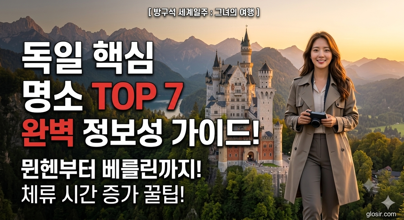 [방구석 세계일주 : 그녀의 여행] 독일 핵심 명소 TOP 7 완벽 정보성 가이드! 뮌헨부터 베를린까지! 체류 시간 증가 꿀팁! 이라는 한국어 텍스트와 함께 노이슈반슈타인 성을 배경으로 미소 짓는 한국인 여성 여행 블로거