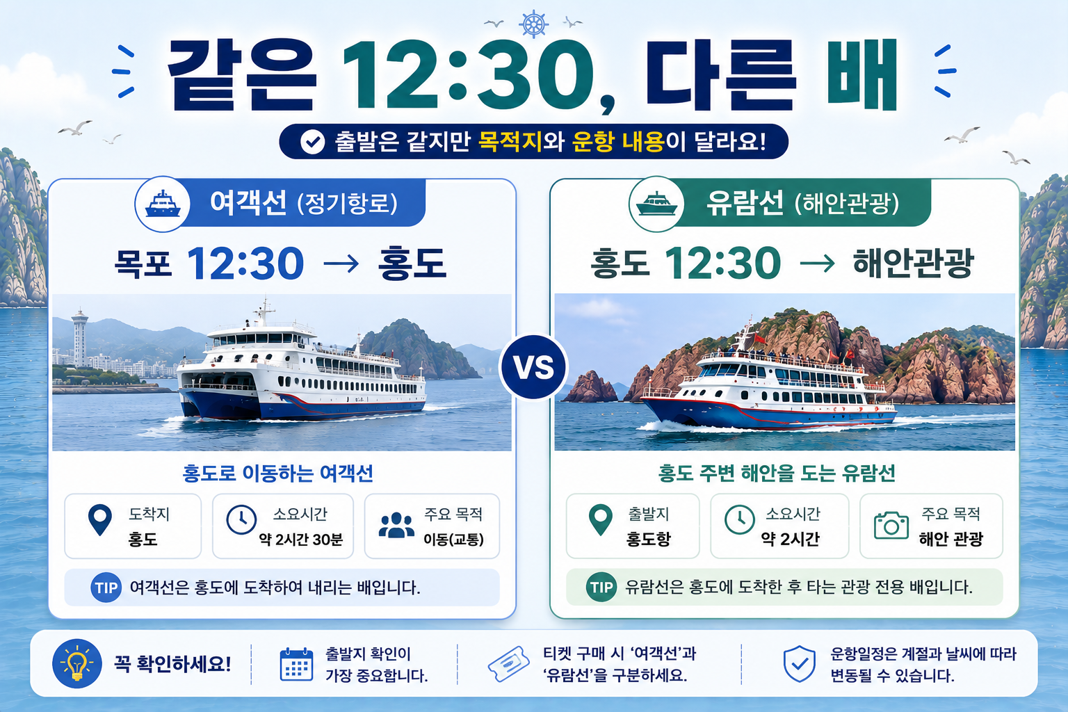목포 홍도 여객선 12시30분과 홍도 유람선 12시30분 차이를 비교한 이미지